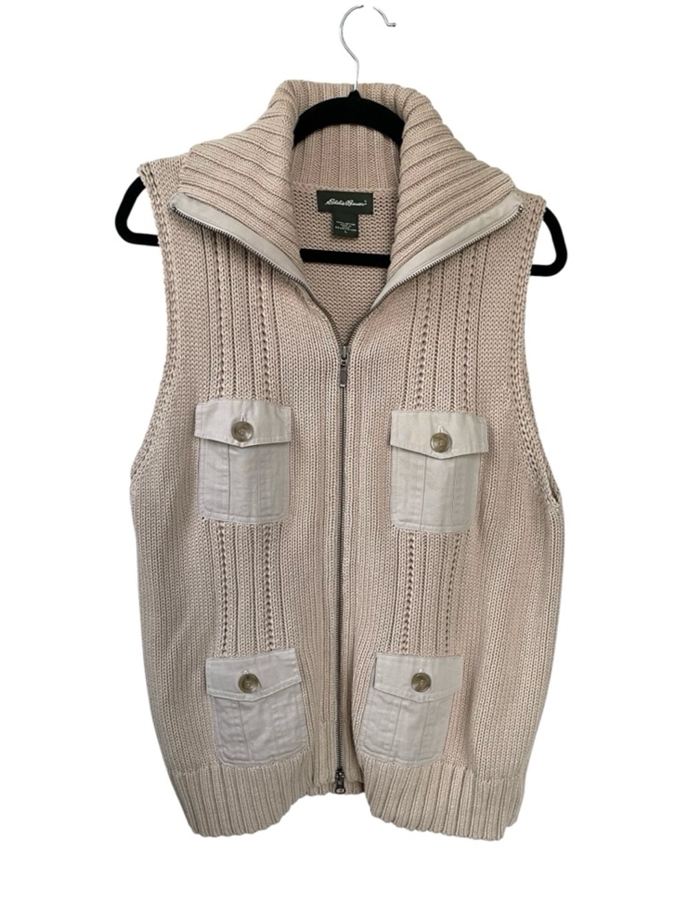 Eddie Bauer Beige Knit Zip Front Sleeveless Cardigan L